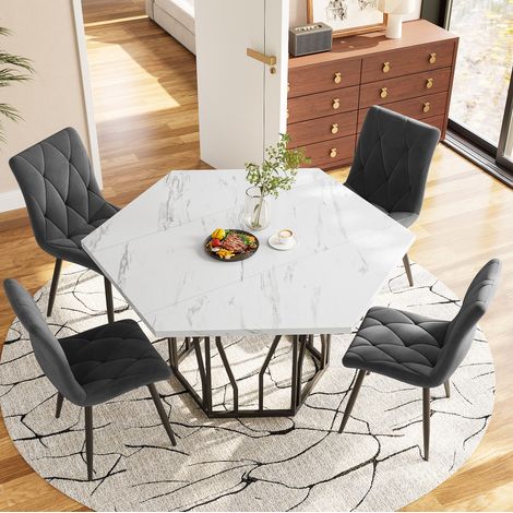 MEUBLIV Ensemble table à manger hexagonale et 4 chaises en velours gris, 5 pièces (1/5)