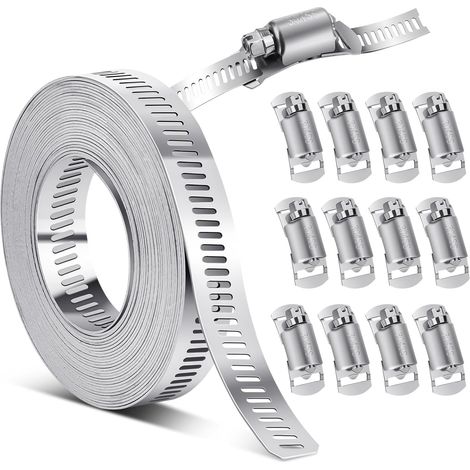 Meter Edelstahl-Schlauchschelle, Metall-Schlauchschelle 5 m x 12,5 mm, Edelstahl 304, mit 12 Befestigungsklammern (1/5)