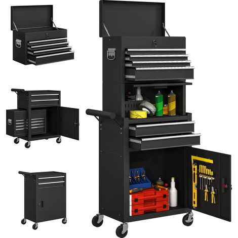 HOMCOM carro de herramientas con 6 cajones y cerraduras, 3 en 1, carro de taller de acero con ruedas y panel lateral perforado, para garaje, negro