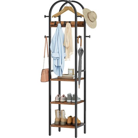 Porte-Manteaux, Portant à Vêtements Arqué avec 12 Crochets, Étagère de Rangement à 3 Niveaux pour Vêtements, Chapeaux, Sacs et Accessoires, Entrée, Chambre, Marron Rustique et Noir (1/5)