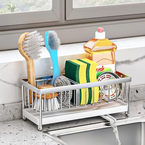 Soporte para esponja de fregadero de cocina, cuerpo de fregadero de acero inoxidable 304, con bandeja de escurrido extraíble, apto para encimeras con escurridor, color gris. (1/5)