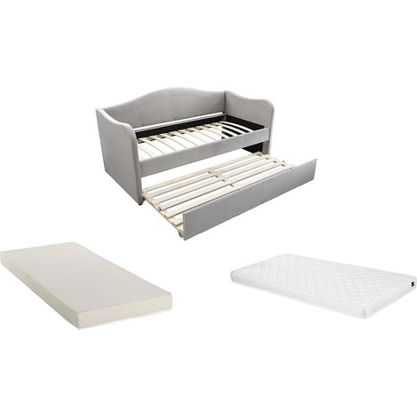 Lit banquette gigogne 2 x 90 x 190 cm - Velours - Gris clair + Matelas - MATHILDE (1/5)
