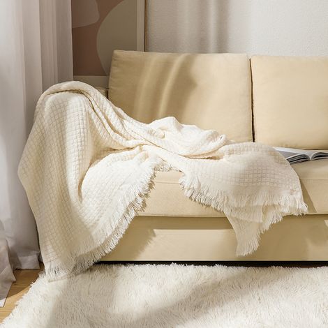 Coperta lavorata a maglia in stile rustico bohémien per divano, sedia, letto, decorazione per la casa, morbida, calda, confortevole, leggera per la primavera (127 x 152,4 cm, bianco sporco/avorio/crem (1/5)