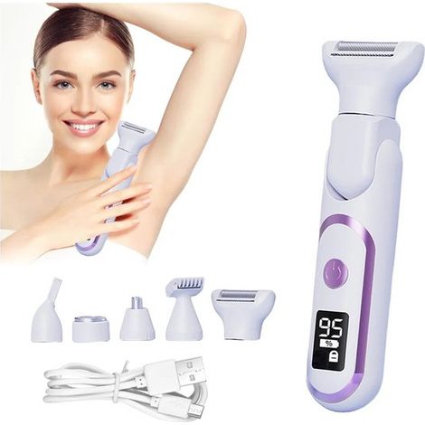 Épilateur 5-en-1 – Blanc – Rechargeable – Étanche – Visage, jambes, corps – 17x5 cm (1/5)