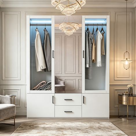 Kleiderschrank 130x50x180 cm, Schlafzimmerschrank mit 2 Glastüren, 2 Holztüren, Spiegel, 3 Schubladen, Kleiderstange, LED und schwarzen Metallgriffen, Weiß