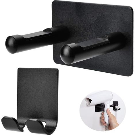 Lntyq Haartrocknerhalterung, kein Bohren erforderlich, Wandmontage, geeignet für Badezimmer (Schwarz), Aluminiumlegierung, 9 x 5 x 6,8 cm + 5 x 4,5 cm (1/5)