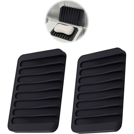 Bardusch-Lot de 2 porte-savons silicone inclinés – évacuation intégrée, antidérapants, usage douche/cuisine/baignoire (noir) (1/5)