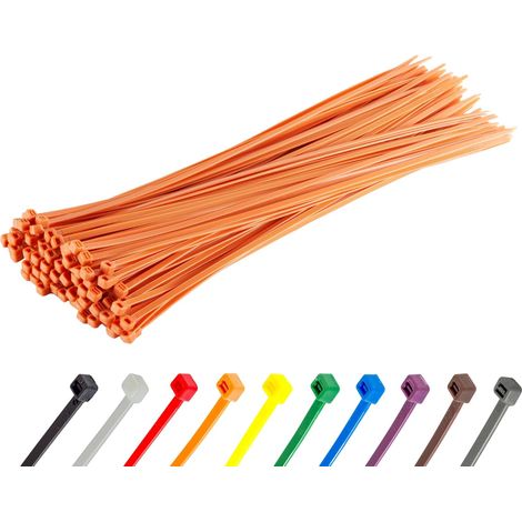 Lot de 100 Collier de serrage, Nylon résistant aux UV, 200 mm x 4,8 mm, Orange, Pour câblage extérieur et intérieur