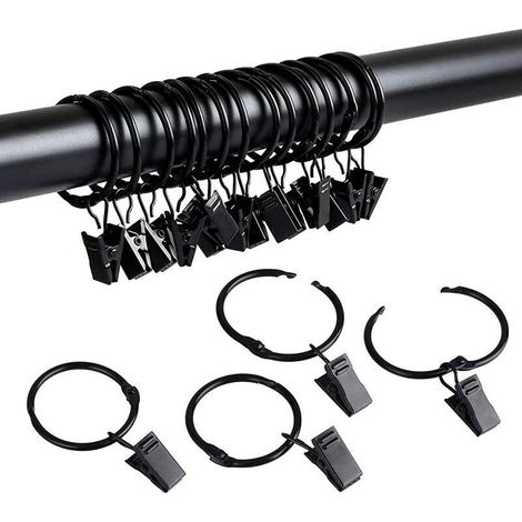 40 pièces Anneaux de Rideaux avec Pinces, Anneaux Rideaux en Métal pour Rideaux Anneaux à Pinces pour Rideau Clips Crochets (Noir 25mm) (1/4)