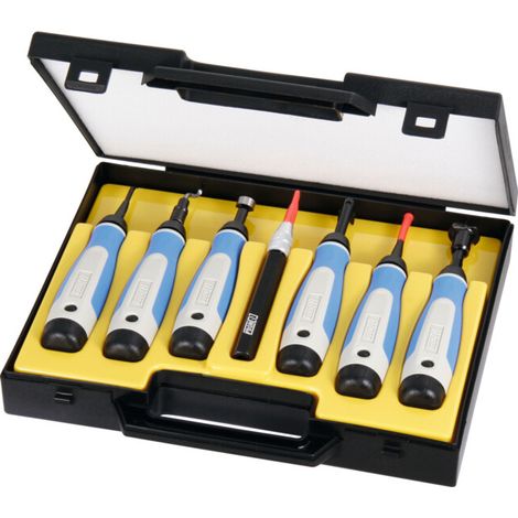 Noga Jeu d’ébavureurs universels / grattoirs (7 supports avec lames), dans un coffret en plastique 16 pièces 16 pièces