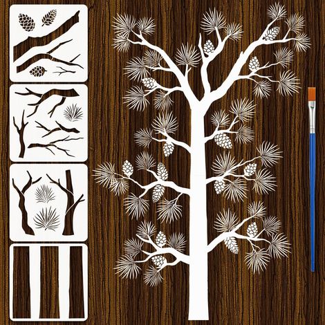 4Pcs Pochoirs 30x30cm Grands Pochoirs Murs Arbres Modèles de Dessin Troncs D'Arbres Branches Cônes Aiguilles Avec Un Pinceau pour Mur Sol Meuble DIY Art Artisanat (1/5)