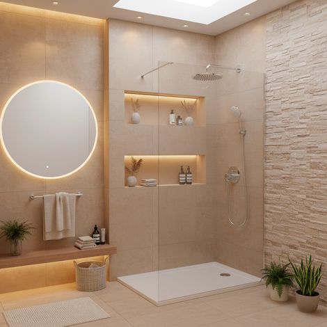 Swiss Aqua Technologies – Pack douche à l'italienne – Paroi walk-in 140x200 cm en verre anticalcaire – Colonne thermostatique 3 jets – Receveur marbre 140x80 cm (1/5)