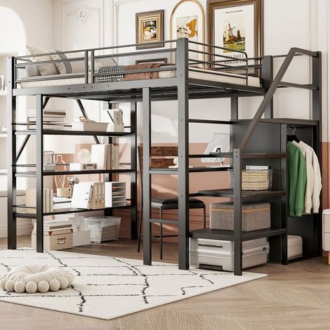 Lit mezzanine 140x200 cm métal noir avec bureau et rangements 3 niveaux, penderie — capacité 120 kg