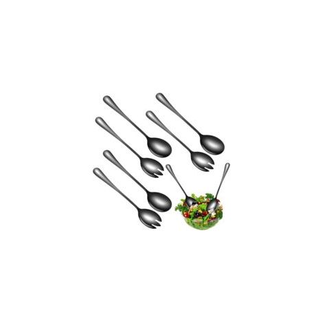Juego de 6 utensilios para servir ensalada de acero inoxidable, acabado negro pulido espejo, 20 cm, vajilla negra para familias, hoteles y restaurantes - Crezuo