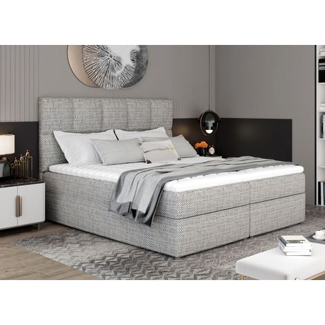 Lit boxspring tissu gris clair chiné avec matelas et surmatelas Lizen-160x200 (1/5)