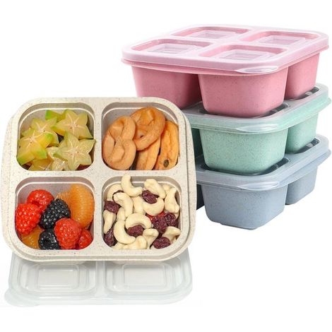 Juego de cuatro fiambreras para el almuerzo, bento con compartimentos para ensalada, reutilizable, con recipiente para salsa, ideal para la escuela o el trabajo. (1/5)