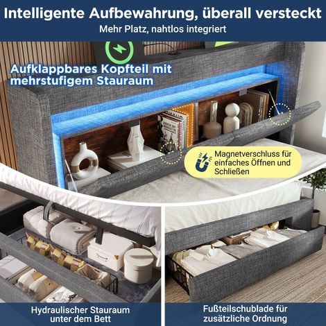 Lit coffre hydraulique 160x200 cm avec tête de lit rangement, éclairage LED, ports USB et USB-C, sommier à lattes en bois, gris lin, sans matelas (1/5)