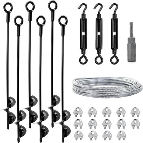 Piquets d'ancrage au Sol 45 cm avec 15M Câble Acier Galvanisé et Tendeurs, Lot de 6 Piquets Résistants, Kit d'Haubanage Extérieur Anti-Vent pour Abri de Jardin et Serre, Trampoline, Tonnelle (1/5)