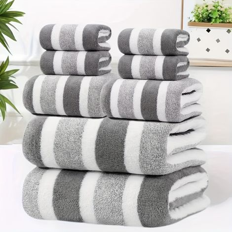 Ensemble de 8 pièces : Parure de serviettes de bain rayées bicolores — sans peluches, hautement absorbantes et ultra-douces — Gris