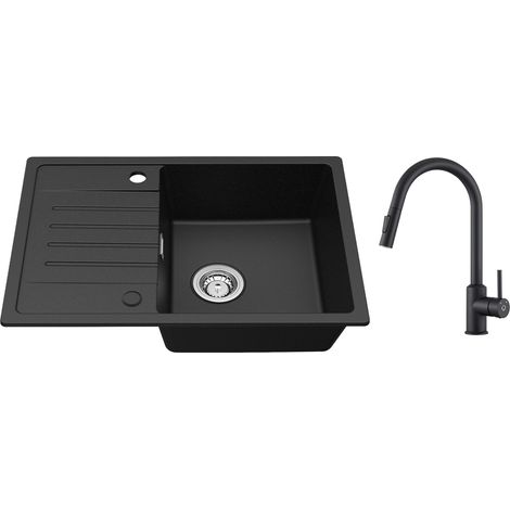 Cecipa Evier de cuisine avec égouttoir Noir 65 x 45 cm Evier à encastrer Deux directions d'installation + Mitigeur de Cuisine avec Douchette Extractible Rotatif à 360 ° Noir (1/5)