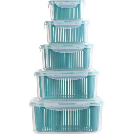 Lot de 5 boîtes de conservation pour fruits et légumes avec couvercle et passoire, bacs de rangement pour réfrigérateur. (1/4)
