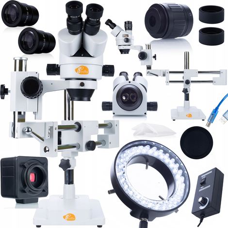 Microscopio stereoscopico trinoculare Rosfix su supporto a portale JupIter Pro MSJP-T-SDMS1 + illuminatore per microscopio a 56 LED + telecamera Crux PRO KMCP-HDMI-USB (1/5)