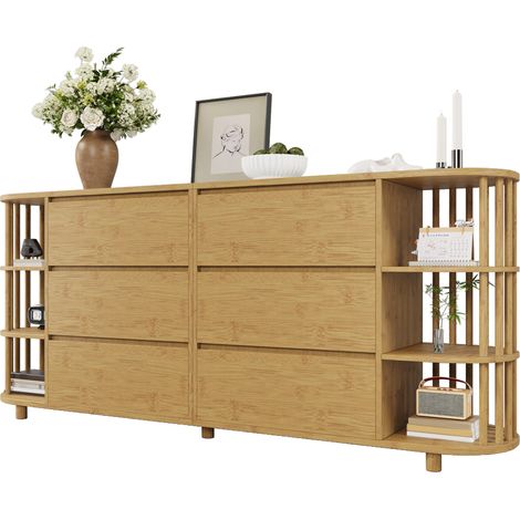 Buffet chêne 160 cm, commode avec 6 tiroirs et étagères ouvertes en bambou, design romain (1/3)