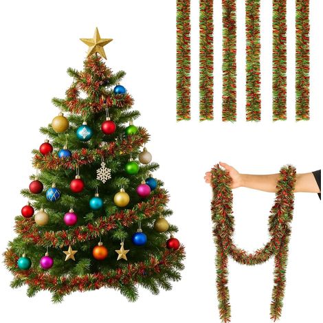 Y.H BLISSHAVEN 32.8ft Christmas Tinsel Garland Thick Metallic Foil Decoration for Xmas Tree, Fireplace, Stair Railing, Party, Holiday Décor (Red) (1/5)