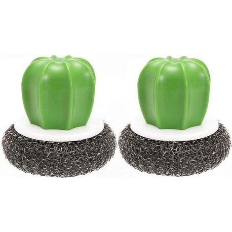 YMYNY 2pcs Creative Cactus Shape Kitchen Brushes Cactus Pot Wire Sponge Ball Dishwashing Brush Stainless Steel Scrubber Cleaning Brush with Black Plastic Handle (1/3)