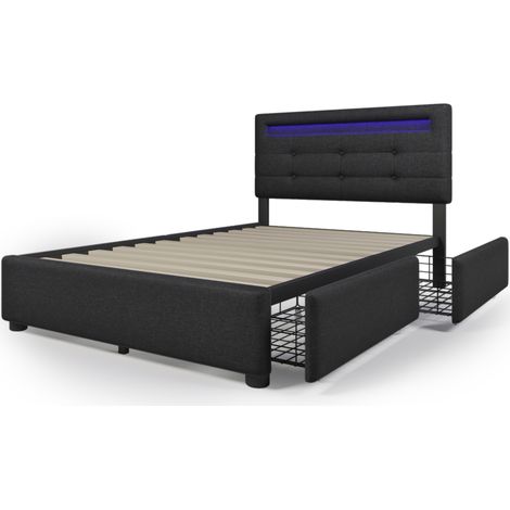 Cama individual 90x200 cm con LED, cabecero regulable y 2 cajones, negro (1/5)