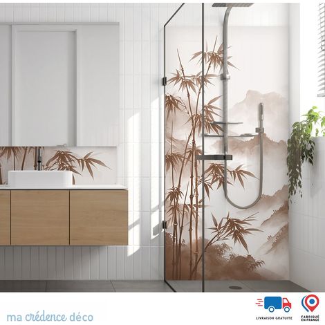 Panneau de douche : Bambous et montagnes zen - Couleur Rouge beige - Alu composite - 90 - 245 (1/3)