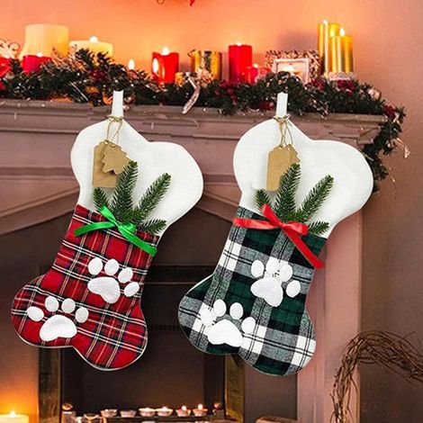 Chaussette De Noël Pour Chien Et Chat - Forme D'Os - Motif Carreaux Rouges - 45 Cm - Avec Anneau De Suspension Et Ruban Vert (1/5)