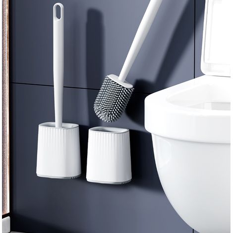 (2x Brosse Toilettes WC Silicone avec Support, Anti-Goutte, Antibactérienne,Séchage Rapide sans Odeur, Montage Mural ou au Sol, Blanc (1/5)