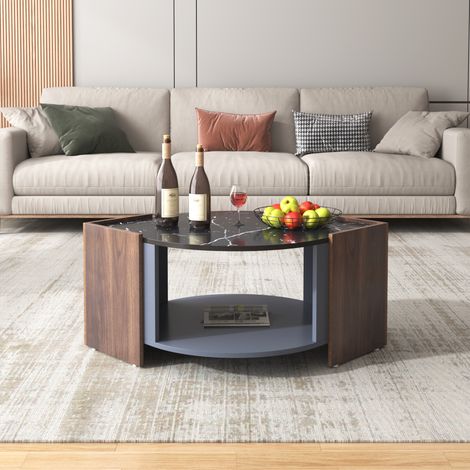 Table Basse 96,5x63x40 cm - Effet Marbre Noir et Noyer - Compartiment de Rangement Intégré - Structure Panneaux de Particules - Noir et Bois (1/5)