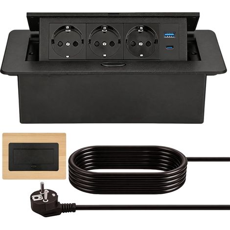 Noir Bloc Multiprise Escamotable, Prise encastrable en Aluminium 3 Prises avec Câble de 1.8m et Port USB pour Plateaux de Table, Plans de Travail, Cuisines, Établis, 250V/16A (1/5)