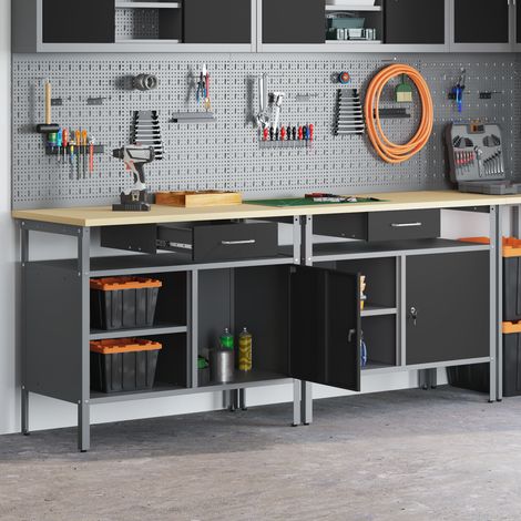 Werkbank-Set mit Regal 2 pcs Schwarz und Grau 200 x 55 x 85 cm