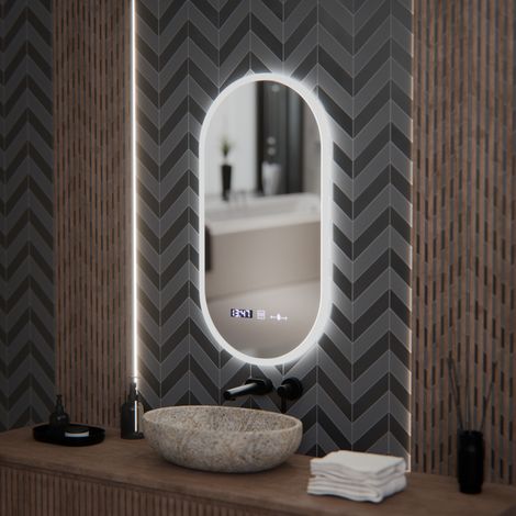 Miroir LED Ovale 50x100 Desembuage Horloge Thermometre Gradable (1/5)
