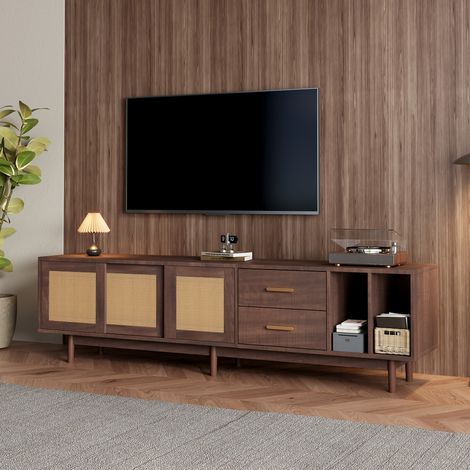 Meuble TV 190x40x52 cm en MDF brun, avec rangement, style scandinave pour salon FLORAGRACE (1/5)