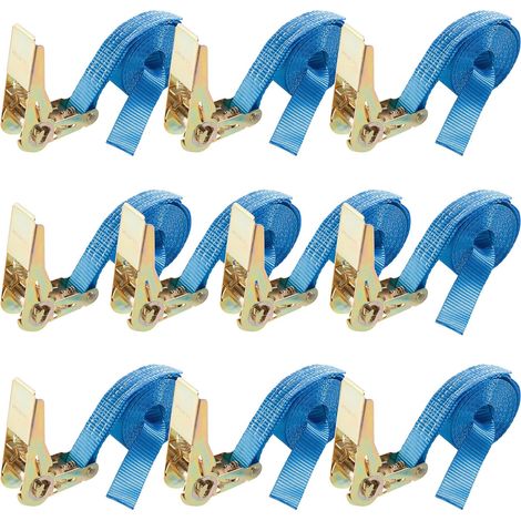 Arebos – Pack de 10 sangles d'arrimage 4m 25mm – 800kg résistance – 100% polyester – Points renforcés – Tension facile avec cliquet (1/5)