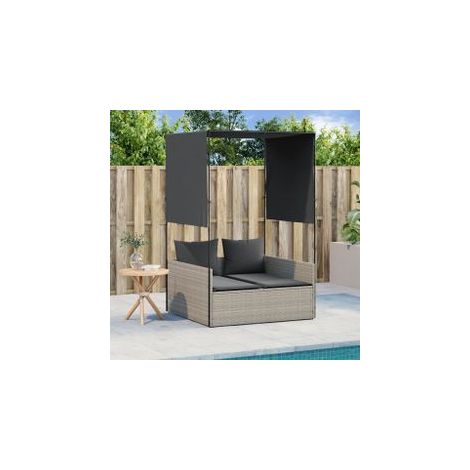 Chaise longue double avec toit et rideaux gris clair poly rotin (1/5)