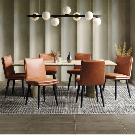 Sillas de comedor, lote de 6, en PU marrón, cojín doble, patas de metal HAVRYA (1/5)