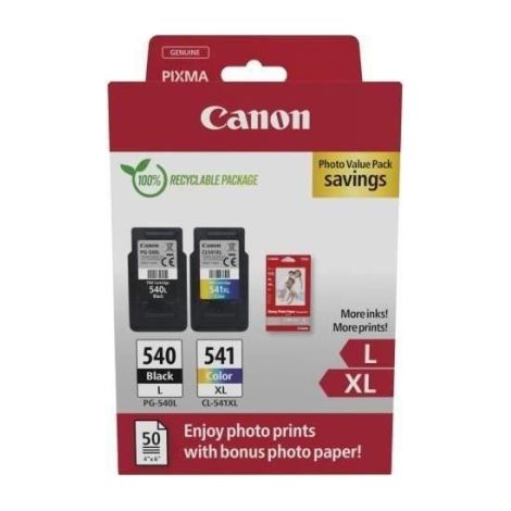 Pack de 2 cartouches d'encre + pack papiers photo - CANON - PG-540L Noir + CL-541XL Couleur - Haut rendement