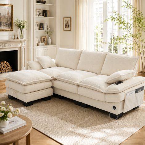 Canapé modulable 3 places en velours côtelé (avec 1 pouf) – assise large, design ergonomique, rembourrage en mousse haute densité, port USB-C et poches latérales. Idéal pour le salon, le bureau ou la  (1/5)