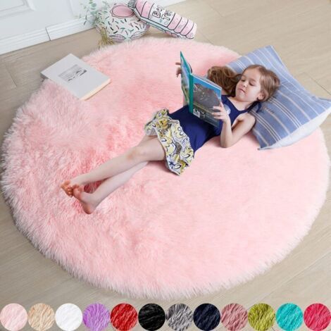 Tapis rond rose pour chambre, tapis circulaire pelucheux, tapis en fourrure, tapis circulaire à poils longs(160cm) (1/4)