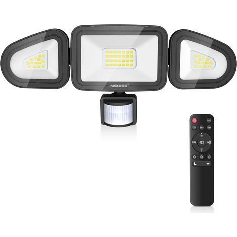 42-W-LED-Außenstrahler mit Bewegungsmelder, 3600 lm, Fernbedienung, 6500 K Kaltweiß, IP66 wasserdicht, 3 Strahler, 4 Beleuchtungsmodi, Wandmontage für Hof, Garten und Garage (1/5)