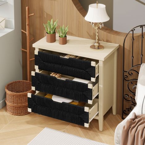 Kommode aus Spanplatte in Schwarz mit 3 Schubladen und Flechtfronten, 80 x 40 x 80 cm