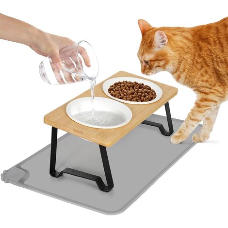 Gamelle chat surélevée 2 bols céramique + support incliné 15° + tapis antidérapant