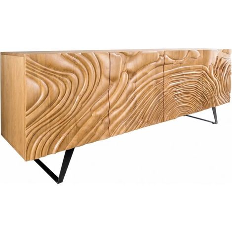 Buffet GAÏA 177 cm aus massivem hellem Mangoholz – 4 Türen – Geschnitzte Fronten – Braun und Schwarz (1/5)