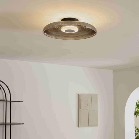 Plafonnier ou applique ronde LED verre fumé texturé et base noire - Ossara (1/5)