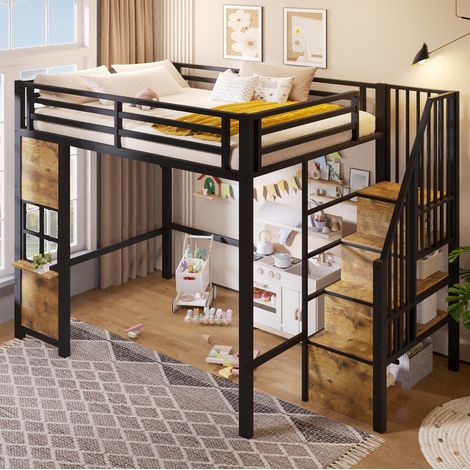 Letto a soppalco per bambini 140x200 cm con scala contenitore, metallo e MDF nero DESVIAE (1/5)